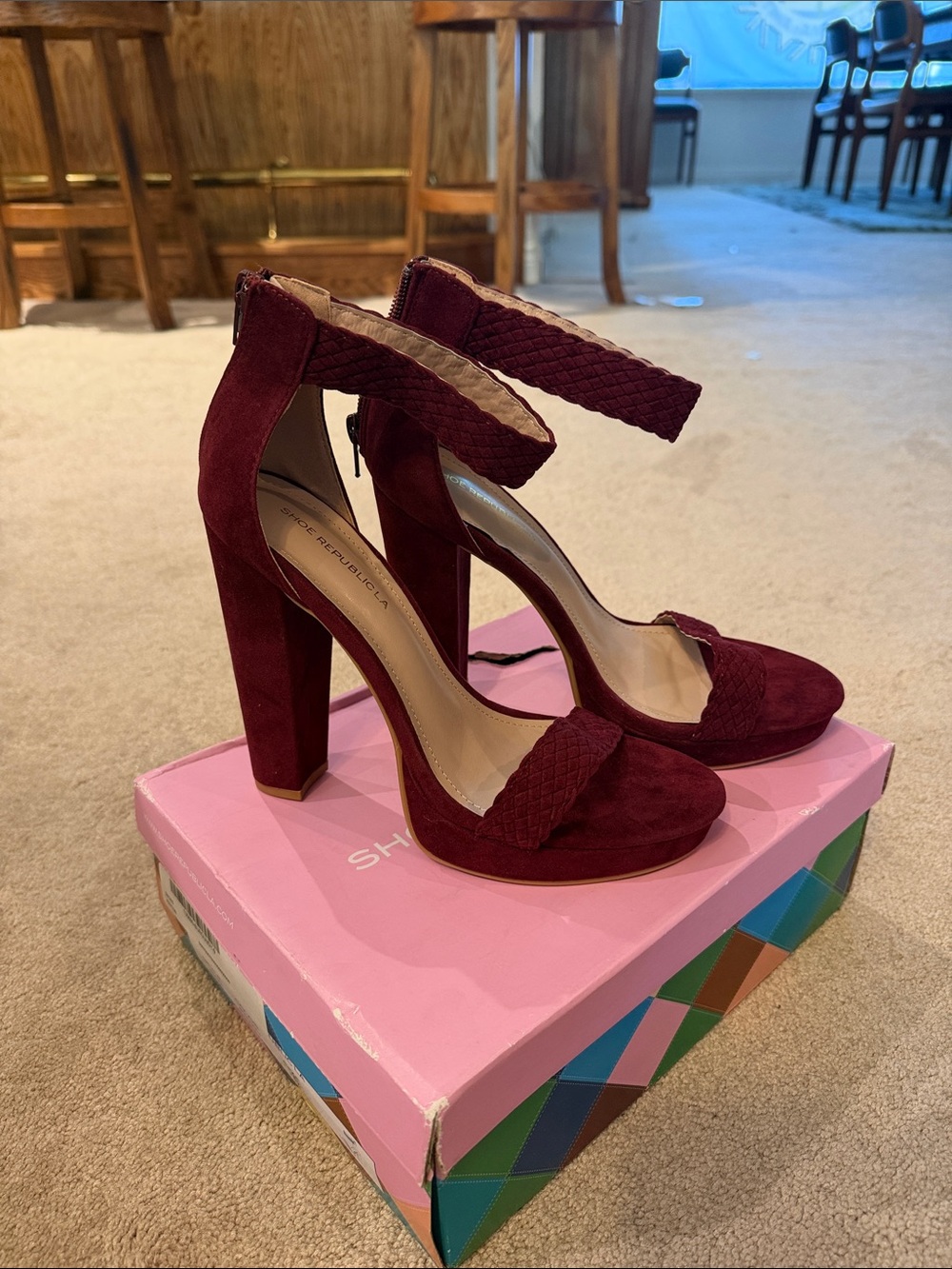 Shoe Republic LA Burgundy Braided Ankle-Strap Block Heels